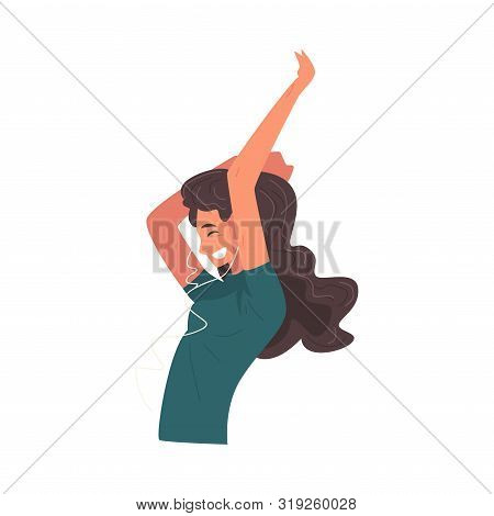 Brunette Girl Listening To Music With Earhones And Dancing, Girl Using Mobile Device Vector Illustra
