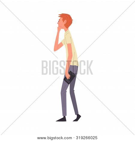 Thoughtful Stooped Young Man Walking Holding Book In His Hand Vector Illustration