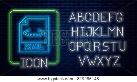 Glowing Neon Xml File Document. Download Xml Button Icon Isolated On Brick Wall Background. Xml File
