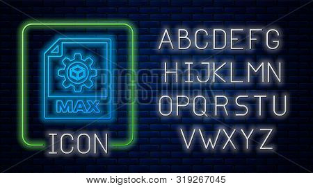 Glowing Neon Max File Document. Download Max Button Icon Isolated On Brick Wall Background. Max File