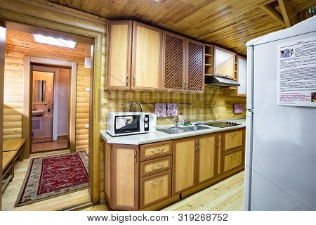 Grodno, Belarus - August, 2019: Interior Of Hall Interior Of Eco Kitchen With Wooden Furniture