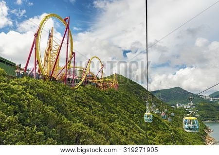 Hong Kong, China - July 24, 2017 : Cablecar In Ocean Park, Hongkong. Cable Car Carries Tourists Up T