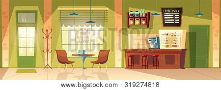 Cartoon Cafe Room - Cozy Interior With Coffee Machine, Table. Wooden Furniture For Cafeteria Interio