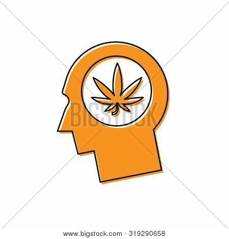 Orange Silhouette Of Male Head In Profile With Marijuana Or Cannabis Leaf Icon Isolated On White Bac