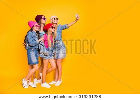 Full Body Photo Of Four Cool Confident Charming Nice Glad Funky In Blonde Brunette Denim Glamorous C