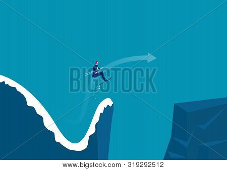 Businessman Jumping From A Springboard On Skis Into New Moutain. Achieving Success. Vector Illustrat