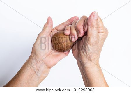 Senior Woman's Hand Doing Herself Massage  Isolated On White Background, About Massage Concept