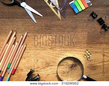School Mockup. Stationery Set On Wooden Table. Back To School Concept