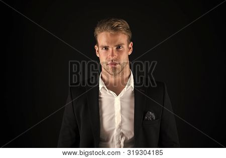 Hair Grooming Tips. Business Man Well Groomed Guy Dark Background. Business People Hairstyle. Busine