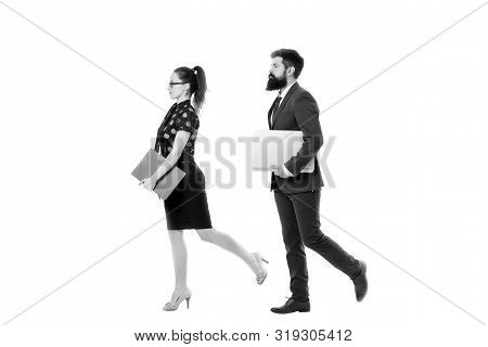 Follow Same Direction. Businessman Bearded Face And Lady With Documents Folder. New Business Directi