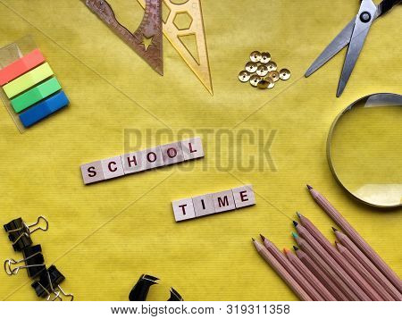 Back To School Mockup. School Time Concept. Yellow Background With School Supplies