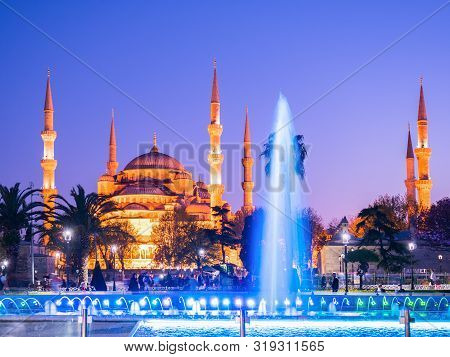 Istanbul, Turkey - April 21, 2018: The Blue Mosque, (sultanahmet Camii) At Night, Istanbul, Turkey