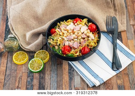 cereal specialties cooked with salad, roasted chicken aiguillette cured with salted and bacon