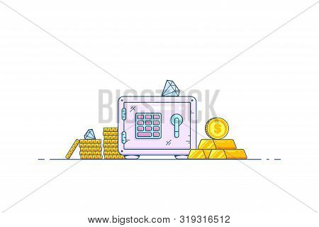 Safe Box With Money Savings Isolated On White Background. Stacks Of Coins, Diamonds And Gold Bar. Fl