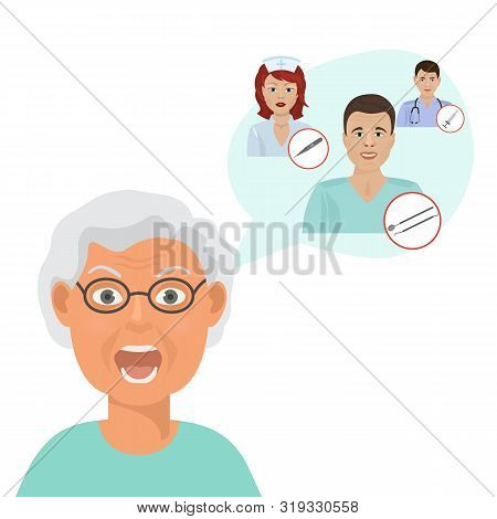 Doctors For Eldery Patients Or Senior People Cartoon Vector Illustration. Eldery People In Need Of C