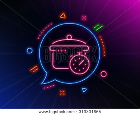Boiling Pan Line Icon. Neon Laser Lights. Cooking Timer Sign. Food Preparation Symbol. Glow Laser Sp