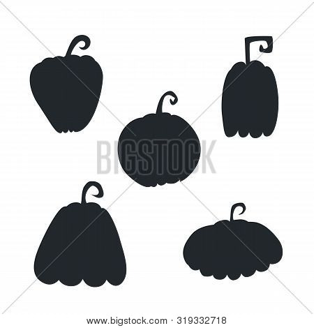 Set Of Isolated Hand-drawn Disjunct Black Pumpkin Silhouettes On White Background. Collection Of Hal