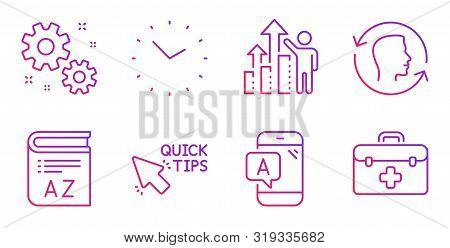 Time, Employee Results And Quick Tips Line Icons Set. Ab Testing, Face Id And Work Signs. Vocabulary