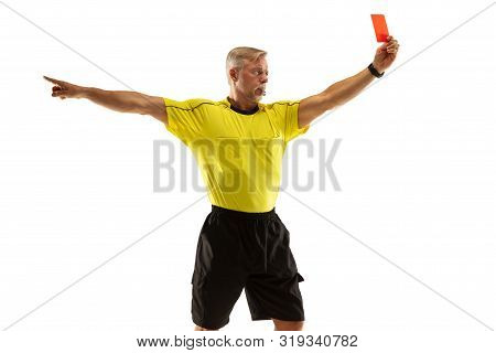 Referee Showing A Red Card And Gesturing To A Football Or Soccer Player While Gaming Isolated On Whi