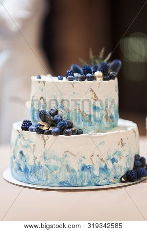 Wedding Cake With Blue Berries. Stylish Cake Decorated With Blueberries
