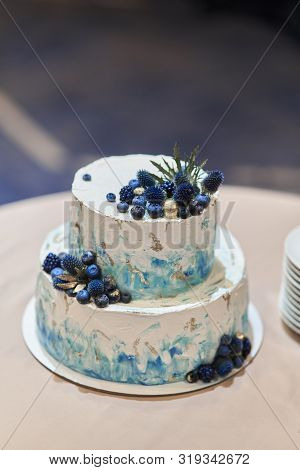 Wedding Cake With Blue Berries. Stylish Cake Decorated With Blueberries