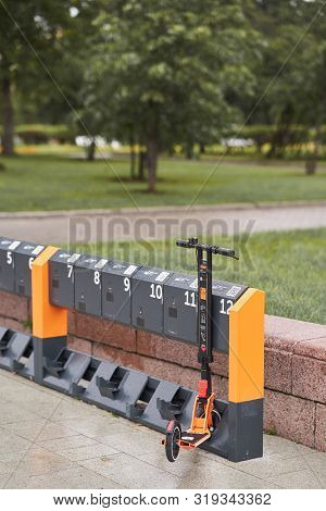 Moscow, Russia - August 9, 2019: Rent Of Electric Scooters In Moscow. Scooter Rental New Business In