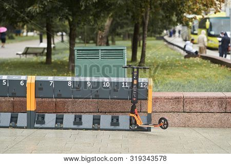 Moscow, Russia - August 9, 2019: Rent Of Electric Scooters In Moscow. Scooter Rental New Business In