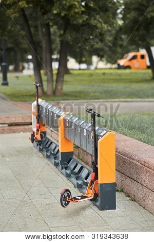 Moscow, Russia - August 9, 2019: Rent Of Electric Scooters In Moscow. Scooter Rental New Business In