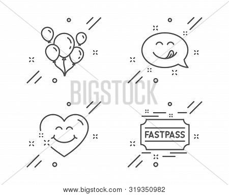 Smile Face, Yummy Smile And Balloons Line Icons Set. Fastpass Sign. Love Heart, Emoticon, Air Balloo