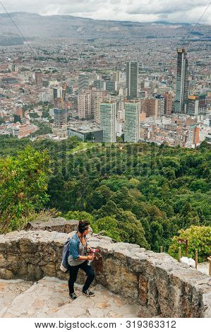 View Of The Downtown Of Bogota, Colombia. Monserrate Mountain