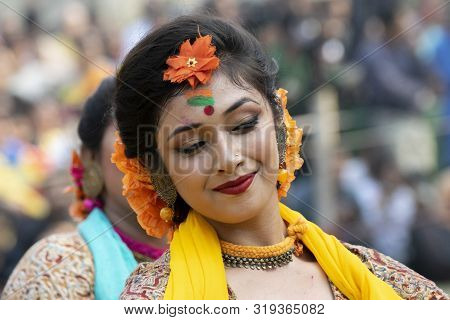Kolkata , India - March 1, 2018 : Portrait Of Girl Dancer, Dressed In Sari (traditional Indian Dress