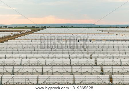 Logrosan, Extremadura, Spain - March 23, 2019: View Of The Concentrators And Solar Panels Of The Sol