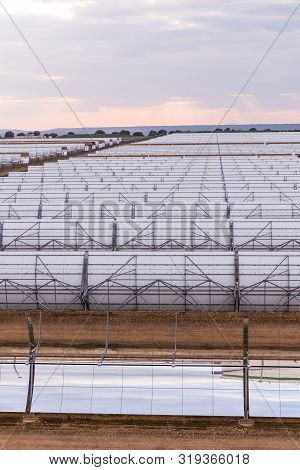 Logrosan, Extremadura, Spain - March 23, 2019: View Of The Concentrators And Solar Panels Of The Sol
