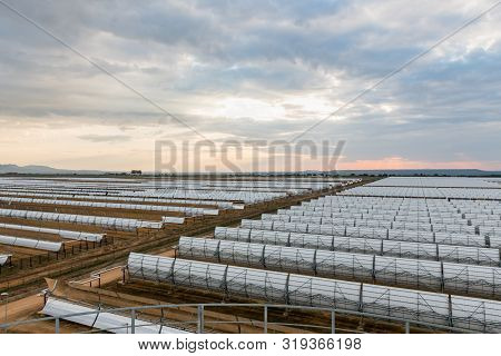 Logrosan, Extremadura, Spain - March 23, 2019: View Of The Concentrators And Solar Panels Of The Sol