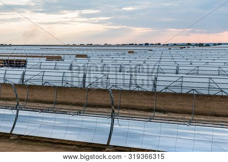 Logrosan, Extremadura, Spain - March 23, 2019: View Of The Concentrators And Solar Panels Of The Sol