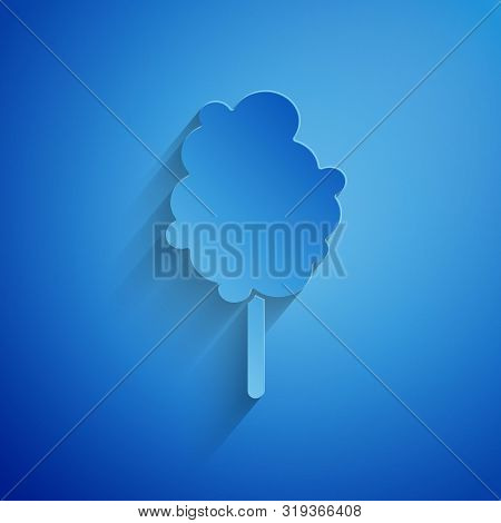 Paper Cut Cotton Candy Icon Isolated On Blue Background. Paper Art Style. Vector Illustration
