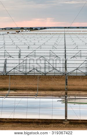 Logrosan, Extremadura, Spain - March 23, 2019: View Of The Concentrators And Solar Panels Of The Sol
