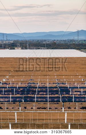 Logrosan, Extremadura, Spain - March 23, 2019: View Of The Concentrators And Solar Panels Of The Sol