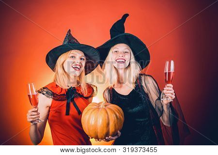 Happy Halloween. Frightened Friends At A Halloween Party. Best Friends Girls Celebrates Halloween. H