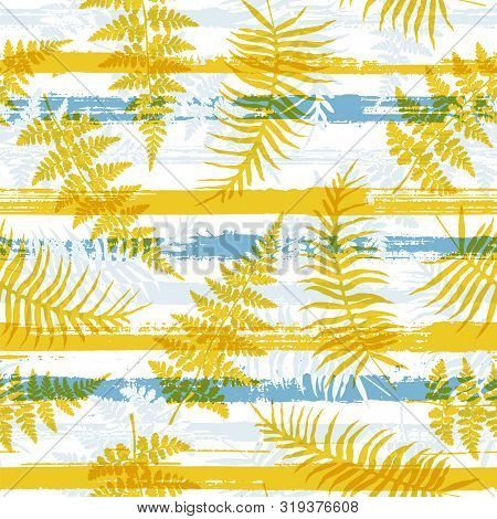 Decorative New Zealand Fern Frond And Bracken Grass Overlapping Stripes Vector Seamless Pattern. Car