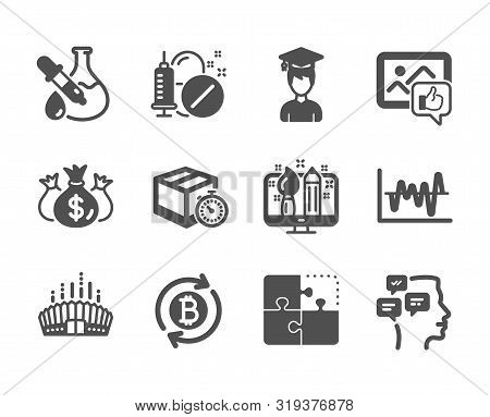 Set Of Business Icons, Such As Messages, Like Photo, Chemistry Experiment, Refresh Bitcoin, Check In