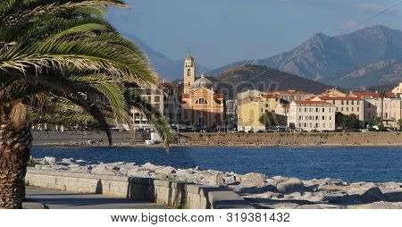 Panoramic View Of The Ajaccio Town With Main Quay And Public Beach. Ajaccio. Corsica, France.