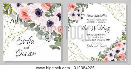 Floral Template For A Wedding Invitation. Anemone Flowers, Pink Roses, Eucalyptus, Golden Abstract S