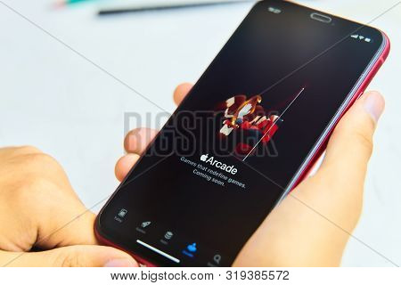 Bishkek, Kyrgyzstan - June 05, 2019: New Apple Arcade Logotype Seen On Modern Iphone Featuring The N
