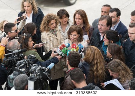 Caceres, Extremadura, Spain - April 25, 2019: Spanish Vice-president Carmen Calvo Poyato At A Press 