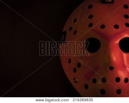 AUG 25 2019: Studio portrait of the hockey mask worn by slasher Jason Voorhees from the Friday the 13th movie franchise