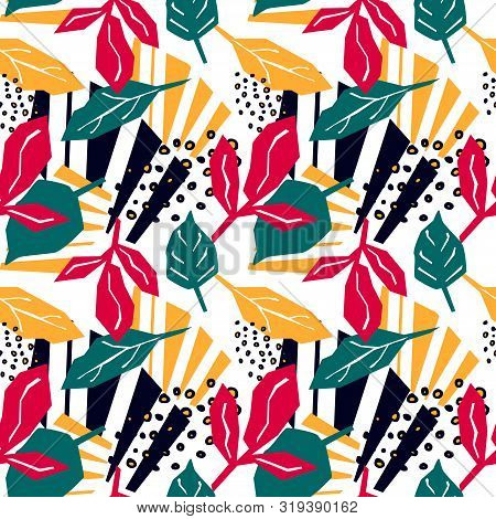 Abstract Seamless Pattern With Graphyc Elements, Modern Abstract Shapes And Leaves.  Avant-garde Col