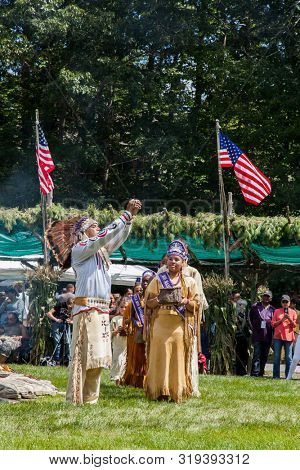 MASHANTUCKET RESERVATION, CT, USA-AUGUST 24, 2019: Corn dance at  Schemitzun 2019The 28th Annual Feast of Green Corn and Dance Powwow