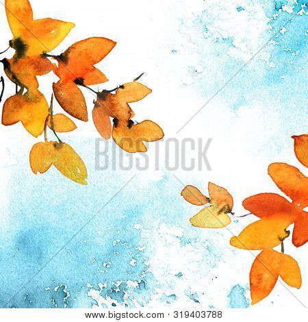 Watercolor And Ink Illustration Of Tree Leaves Branch On White Background With Grunge Color Waterspl