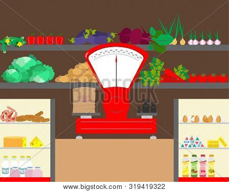 Shop Counter With Dairy Products And Vegetables. Counter With Weights. Vector Illustration